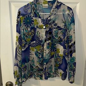 Chico's Silk Blouse with Blue and Green Floral Pattern